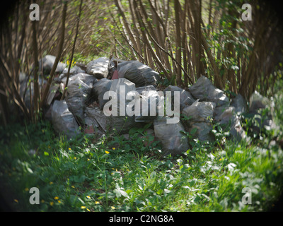 Materiali da costruzione oggetto di dumping illegalmente in una foresta con lente shallow DOF e vignette. Foto Stock