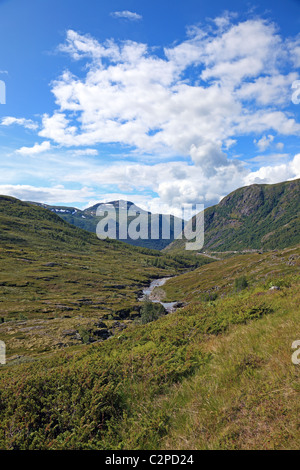 Lo splendido paesaggio della valle situato nel profondo di montagne norvegesi. Foto Stock