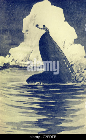 Illustrazione dell'uomo sulla poppa del naufragio rms titanic della white star line sventolare a sua moglie come lei sfugge in una scialuppa di salvataggio. Foto Stock