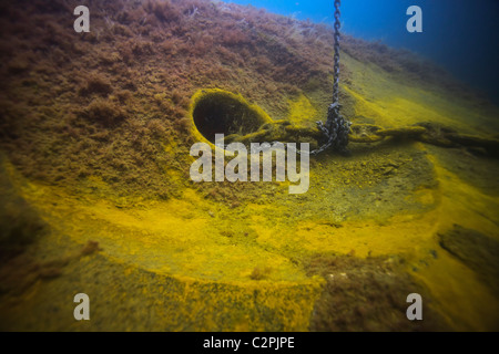 La catena di ancoraggio con shotline attaccata alla carena in avanti del tedesco distruttore, F2 di Scapa Flow, Orkney Foto Stock