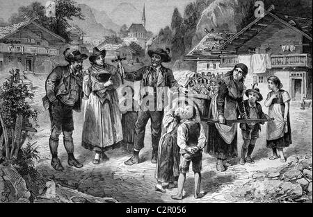 Merchant Vendita di Articoli Religiosi in Tirolo, Austria, storico illustrazione, circa 1886 Foto Stock