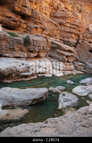 Oman, Wadi Fusc, piscina naturale con rocce, costeggiando sharp e scogliere rocciose Foto Stock