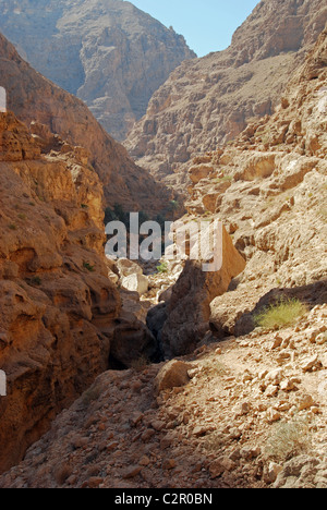 Oman, Wadi Fusc, vista in elevazione rocciose scogliere marrone con pietre contro il cielo in un giorno di sole Foto Stock