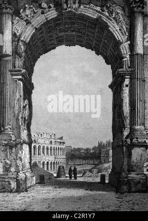 Arco di Tito e il Colosseo a Roma, Italia, storico illustrazione, circa 1886 Foto Stock