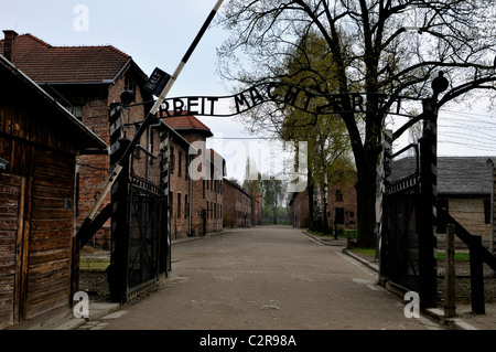 Cancello principale - ingresso al campo di concentramento di Auschwitz con "Arbeit macht frei" segno di ferro - il significato - lavoro vi rende liberi Foto Stock