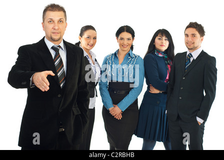 Uomo d'affari che vi danno il benvenuto a partecipare al suo team di business persone isolate su sfondo bianco Foto Stock