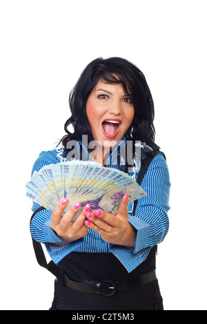 Estatica donna sorpresa dando Romanian banconote e gridando isolati su sfondo bianco Foto Stock