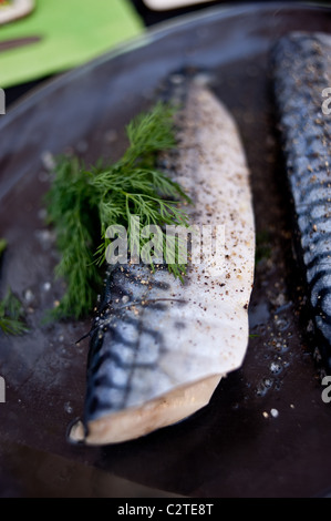 Freschi i filetti di sgombro e pronto per cucinare su un barbecue esterno per barbecue nel giardino Foto Stock