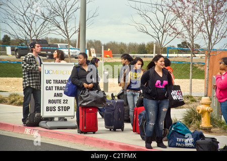 Gli studenti dovranno aspettare per un bus sulla corsia di Bobcat al di fuori della sala da pranzo Yablokoff-Wallace Center presso la University of California, Merced. Foto Stock