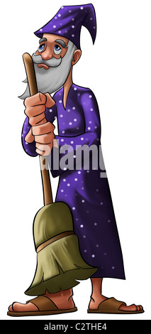 Un vecchio mago con un cappello viola e una scopa Foto Stock