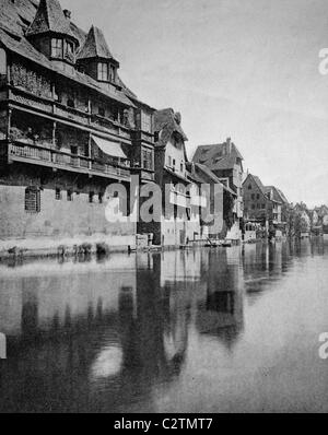 Autotype precoce di Norimberga, Case sul fiume Pegnitz, Norimberga, Baviera, Germania, foto storiche, 1884 Foto Stock