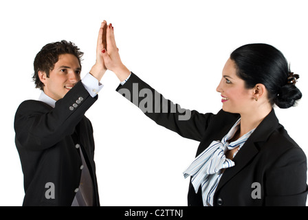 Gli imprenditori l uomo e la donna dando a ogni altra alta cinque per il business di successo isolato su sfondo bianco Foto Stock