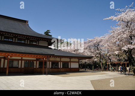 'Sanshuden' assembly hall a 'Yasukuni " jinja sacrario scintoista durante la fioritura dei ciliegi (Tokyo, Giappone) Foto Stock