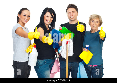 Il successo della pulizia di persone al lavoro di squadra dando Thumbs up e trattenere prodotti per pulire la casa Foto Stock