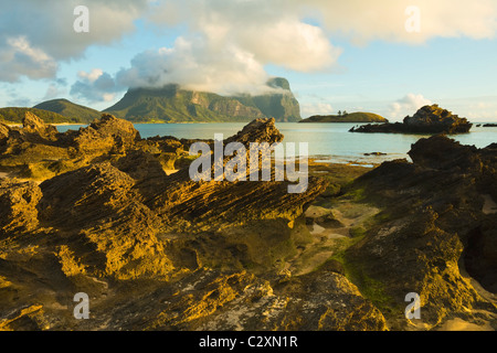 Erosi calcarenite - cementato sabbia corallina rock - la laguna & Mt Lidgbird (sinistra) & Mt Gower, Isola di Lord Howe, NSW, Australia Foto Stock