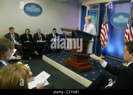 Segretario stampa della Casa Bianca Dana Perino nella sua quotidiana White House briefing con la stampa. Parla della Federal Reserve di bailout Foto Stock