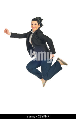 Jumping donna Executive in profilo isolato su sfondo bianco Foto Stock