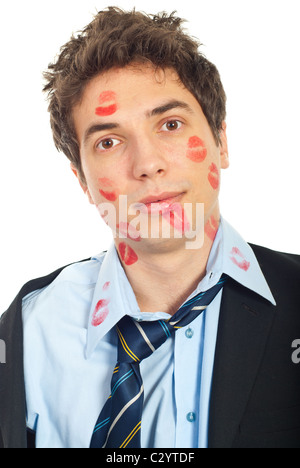 Close up stupito uomo baciato faccia in business suit isolati su sfondo bianco Foto Stock