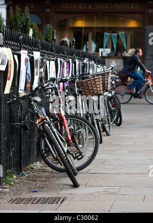 Una fila di biciclette parcheggiate in Cambridge, Regno Unito Foto Stock