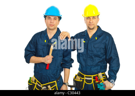 Due costruttori di bellezza team lavoratori isolati su sfondo bianco Foto Stock