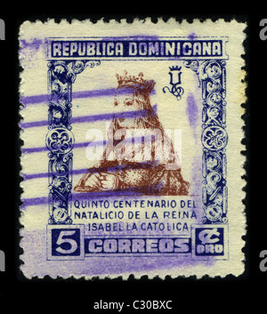 REPUBLICA DOMINICANA-circa 1930:un timbro stampato nella REPUBLICA DOMINICANA mostra immagine di Isabella I (Spagnolo: Isabel mi, Ysabel, galiziano: Sabela HO) (22 Aprile 1451 - 26 novembre 1504) fu regina di Castiglia e León, circa 1930. Foto Stock