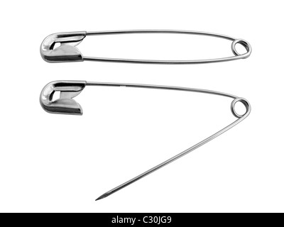 Due perni di sicurezza isolati su sfondo bianco Foto Stock