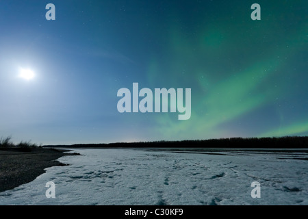Green luci del nord e la luna oltre il Chugach Mountains e del Knik River Valley in Alaska centromeridionale, molla Foto Stock