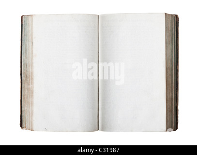 Aprire il vecchio libro con pagine vuote isolati su sfondo bianco Foto Stock