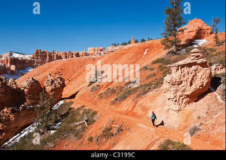 Escursionista femmina su SCENIC Queens Garden Trail, parco nazionale di Bryce Canyon, Utah, Stati Uniti d'America Foto Stock