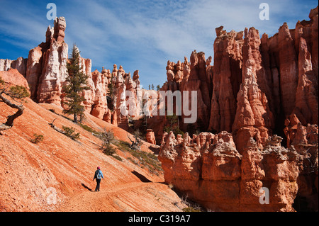 Escursionista femmina su SCENIC Queens Garden Trail, parco nazionale di Bryce Canyon, Utah, Stati Uniti d'America Foto Stock