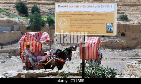 Il benessere degli animali sign in cima alla lunga salita verso il basso per il Rose Red città di Petra. Giordania Foto Stock