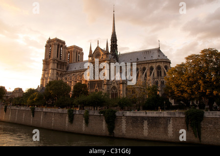 Architettura medievale. Cattedrale di Notre Dame, un capolavoro gotico sulle rive della Senna, nel cuore della capitale francese. Parigi, Francia. Foto Stock