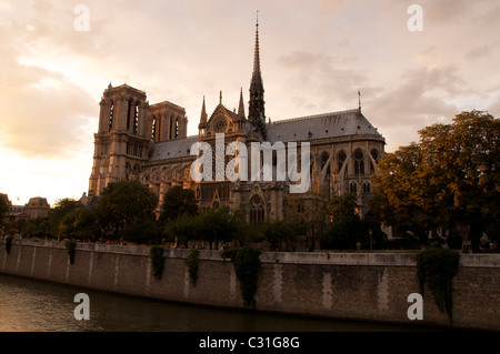 Architettura medievale. Cattedrale di Notre Dame, un capolavoro gotico sulle rive della Senna, nel cuore della capitale francese. Parigi, Francia. Foto Stock