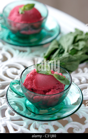 Il sorbetto di lamponi con menta fresca e un mazzetto di menta Foto Stock