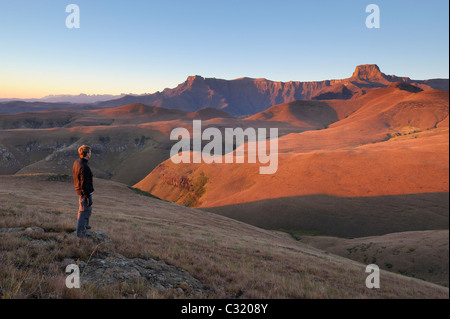 Escursionista maschio anfiteatro affacciato sulla montagna all'alba da Witsieshoek, Royal Natal National Park, Sud Africa Foto Stock