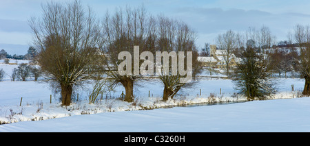 La chiesa e i campi innevati dal Fiume Windrush nel villaggio Swinbrook, il Costwolds, REGNO UNITO Foto Stock