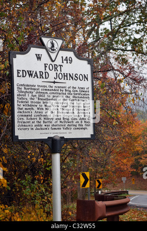 Il segno per il sito di Fort Edward Johnson, West Augusta, Virginia. Foto Stock