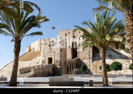 Vista attraverso gli alberi di palma l'imponente torre difensiva e ingresso ponte che conduce alla Cittadella monumentale del gateway Foto Stock