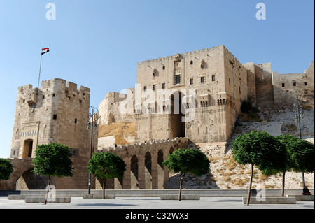 Aleppo. La Siria. Vista della imponente torre difensiva e ingresso ponte che conduce alla Cittadella monumentale del gateway. Foto Stock