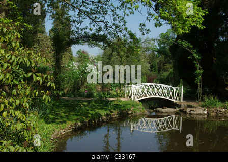 Un cast bianco ponte di ferro nella zona boschiva della Swiss Garden, Old Warden, Bedfordshire, Regno Unito Foto Stock