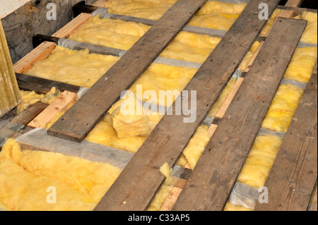 Installazione di isolamento in fibra di vetro a norma tavoloni in un vecchio sospeso pavimento in legno per ridurre la perdita di calore Foto Stock