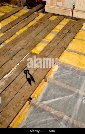 Installazione di isolamento in fibra di vetro a norma tavoloni in un vecchio sospeso pavimento in legno per ridurre la perdita di calore Foto Stock