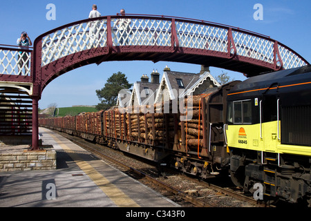 Non Stop Cole Rail  treno merci caricate con legname tagliato in direzione sud a Kirby Stephen stazione ferroviaria, REGNO UNITO Foto Stock