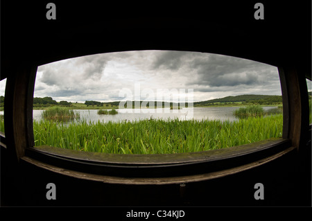 Letti di canne e zone umide viste dall'interno bird watching nascondiglio, Leighton Moss, Regno Unito. Foto Stock