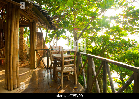 Vista del ponte in Fig Tree House capanna a Capanne di grande eco-villaggio di di ispirazione Africana di capanne vicino a Boston Bay, Portland, Giamaica Foto Stock