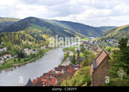 Vista da Hirschhorn della valle del Neckar, Hesse, Germania Foto Stock