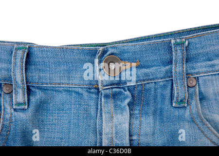 Dettaglio del blue jeans denim con il pulsante Foto Stock