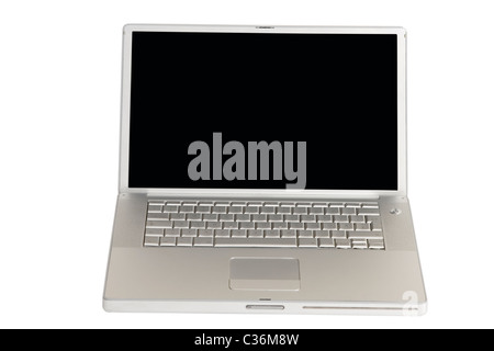 Vista frontale di aprire il computer portatile in argento su sfondo bianco Foto Stock