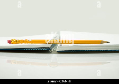 Masticati matita gialla e notebook Foto Stock