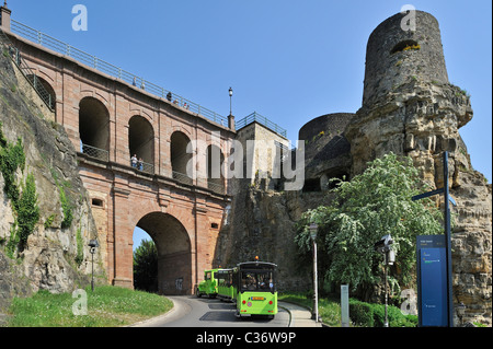 Treno turistico Petrusse Express corse sotto il viadotto Schloss Erbaut Bruecke a Lussemburgo, Granducato del Lussemburgo Foto Stock